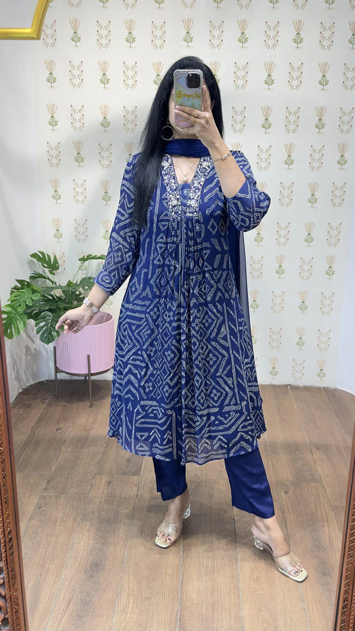Blue Bandhini Chinnon Aline Suit Set