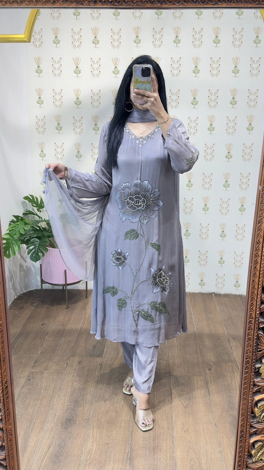 Gray Handpainted & Handwork Aline