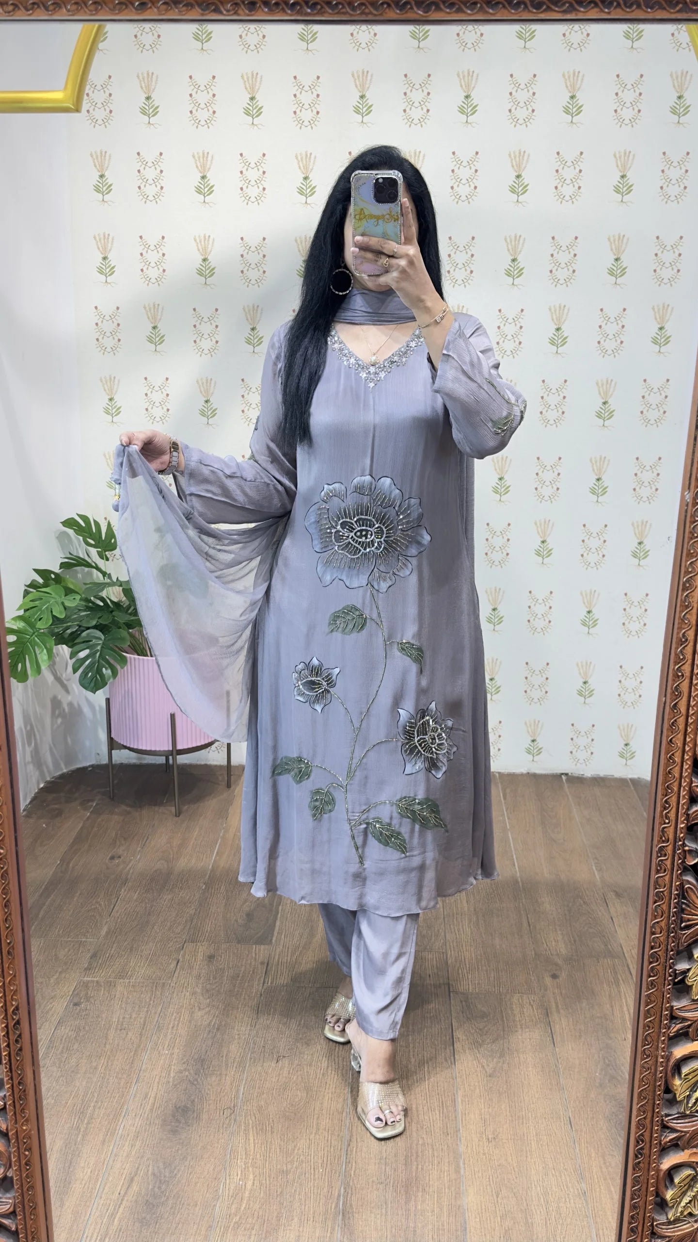 Gray Handpainted & Handwork Aline
