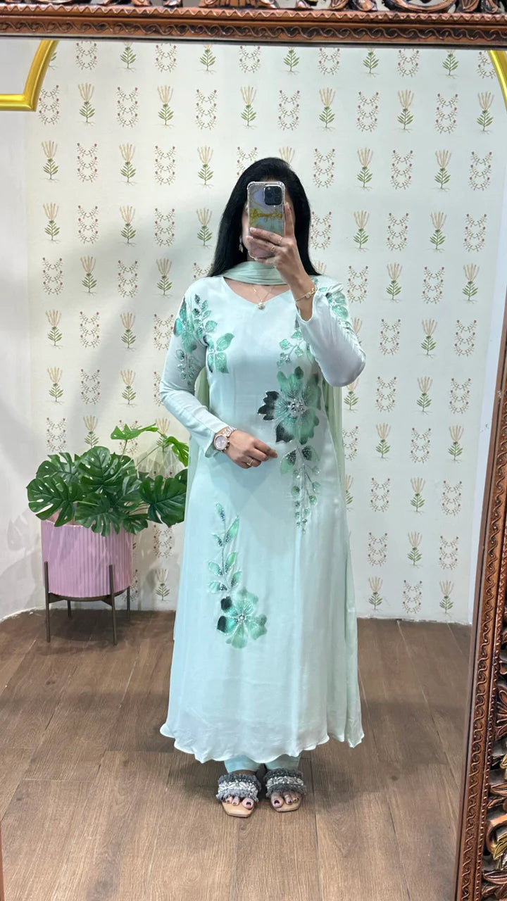 Light Green Handpainted & Handwork Aline