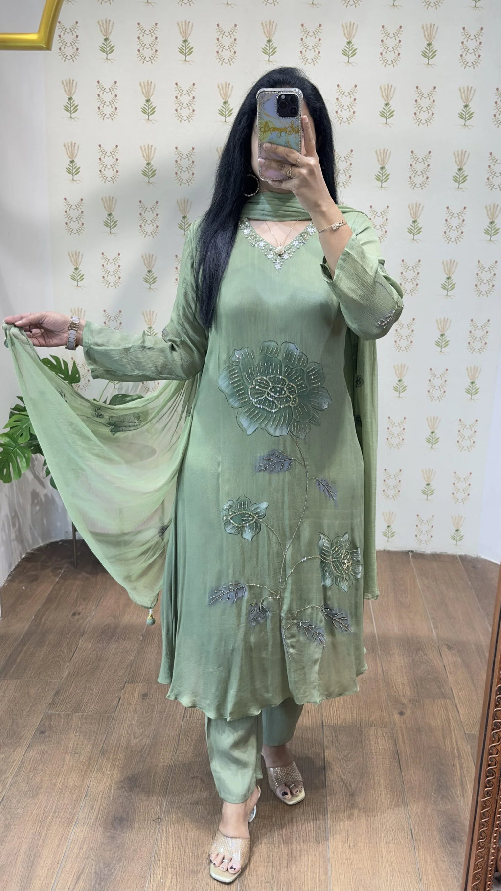 Green Handpainted & Handwork Aline