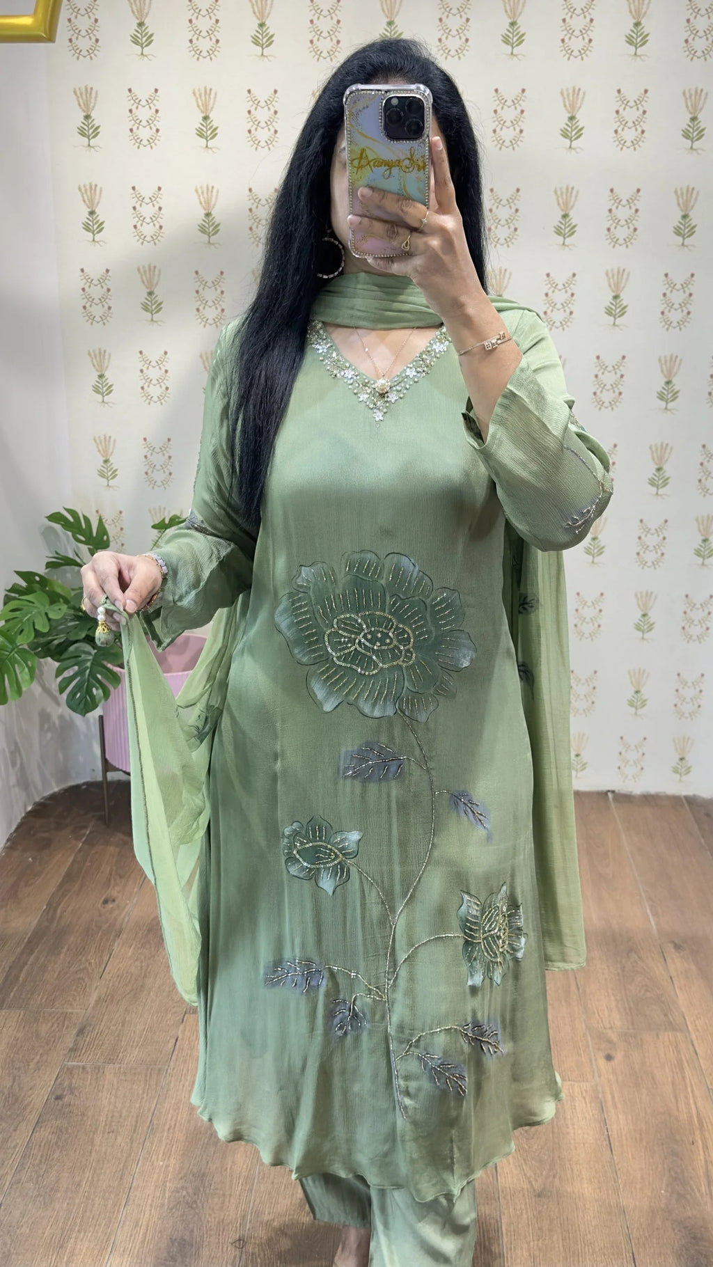 Green Handpainted & Handwork Aline