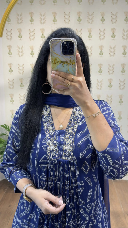 Blue Bandhini Chinnon Aline Suit Set