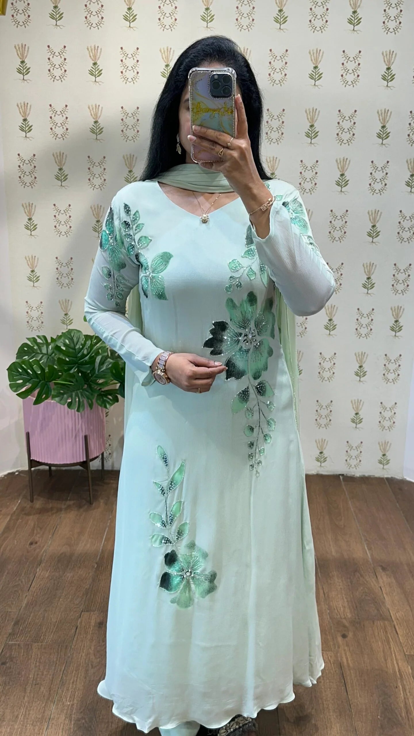 Light Green Handpainted & Handwork Aline