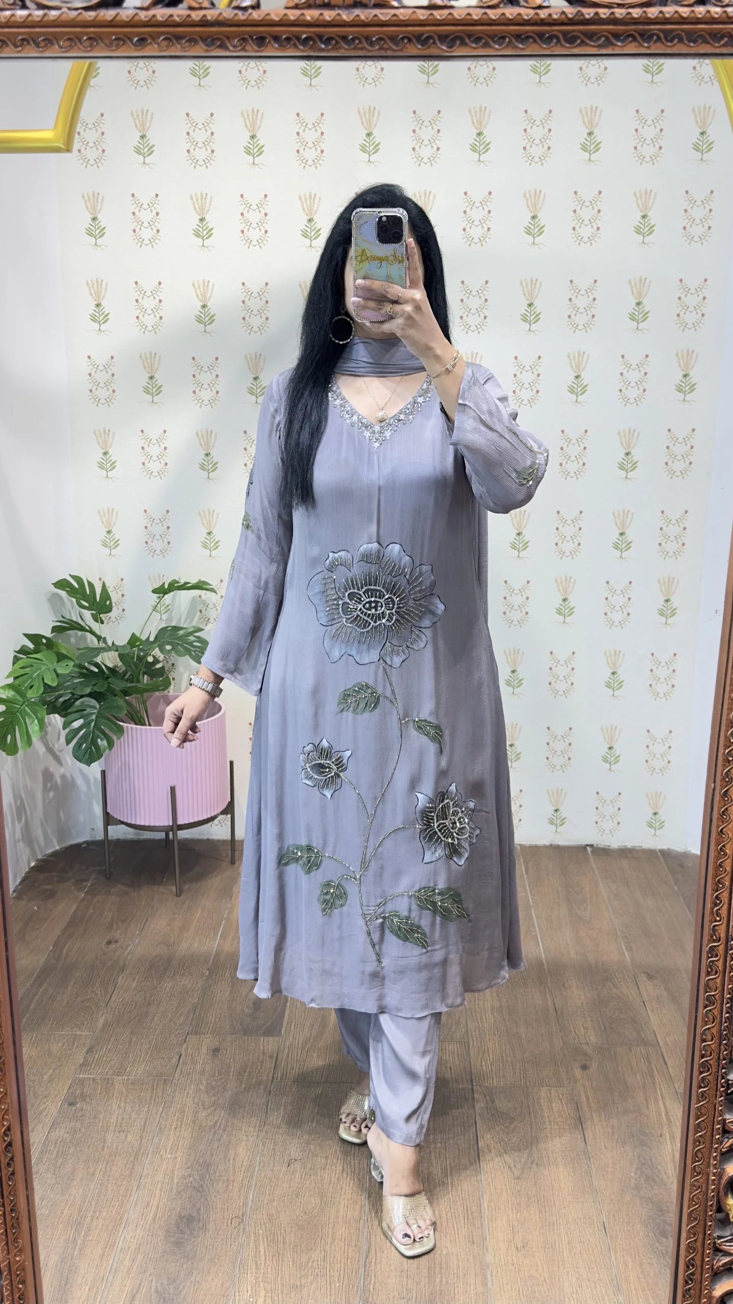 Gray Handpainted & Handwork Aline