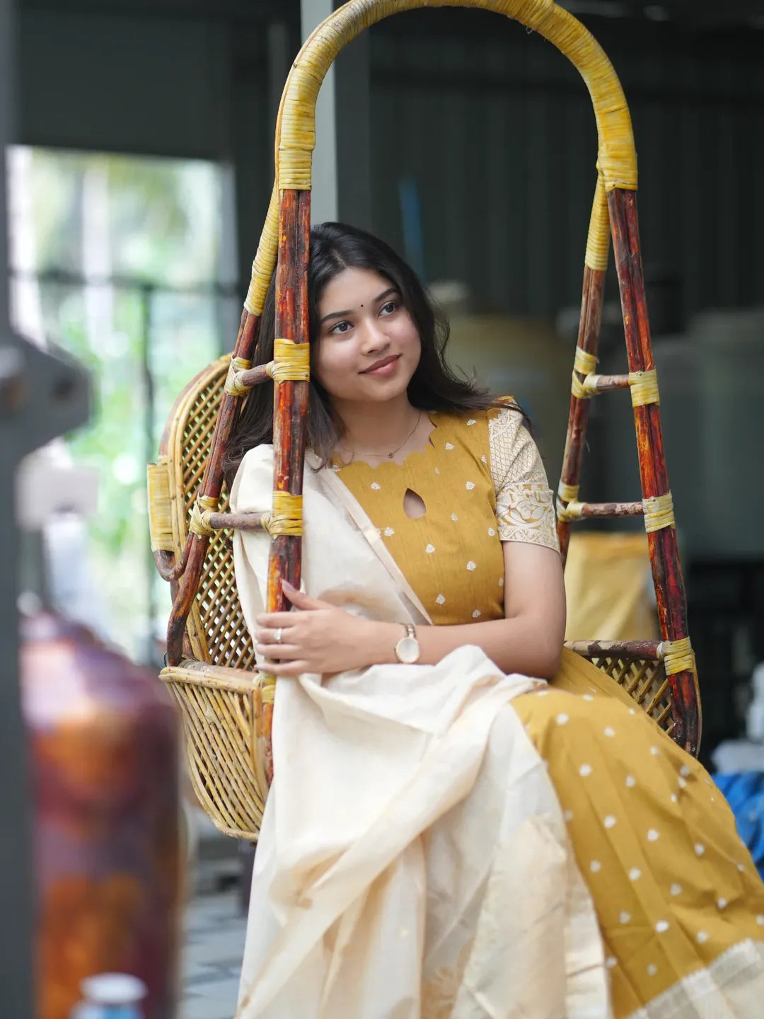 Mustard ethnic with a ivory soft zari weaved dupatta