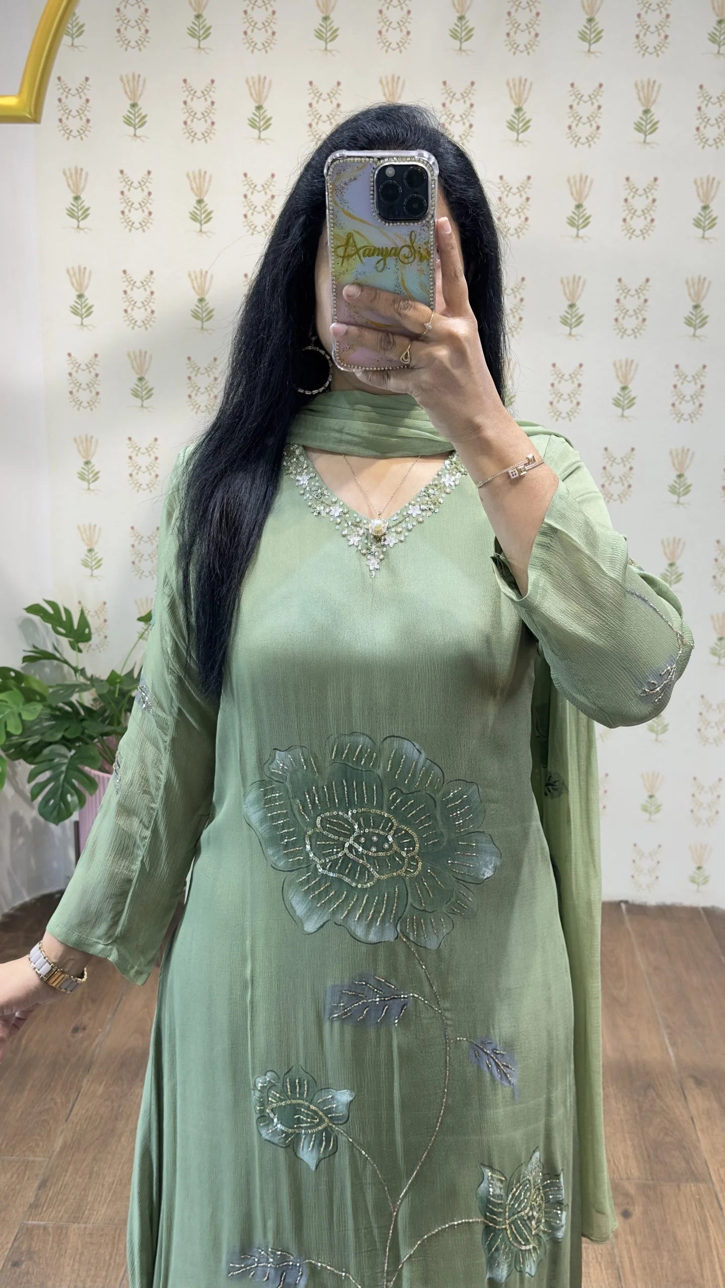 Green Handpainted & Handwork Aline