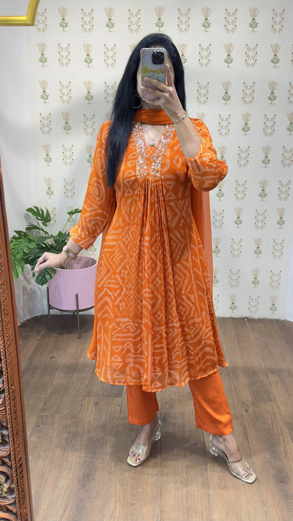 Orange Bandhini Chinnon Aline Suit Set