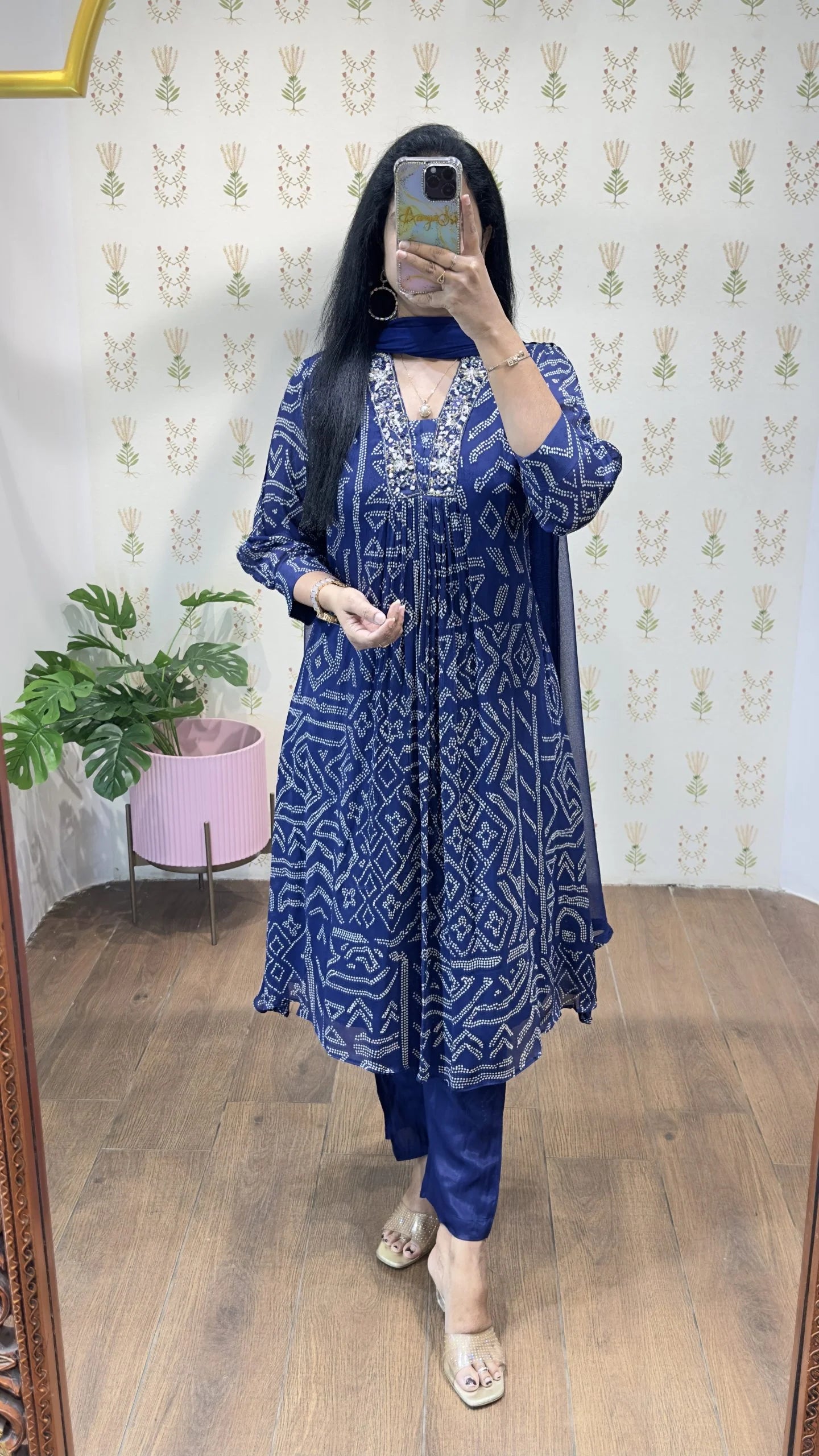 Blue Bandhini Chinnon Aline Suit Set