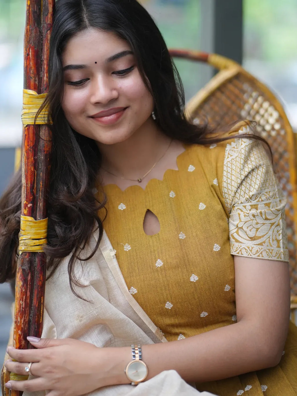 Mustard ethnic with a ivory soft zari weaved dupatta