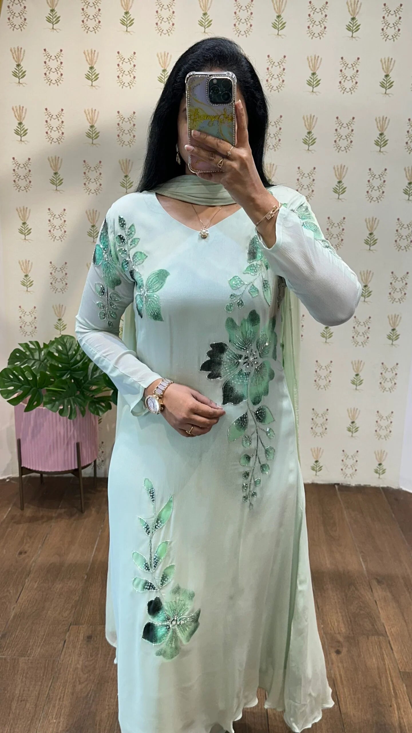 Light Green Handpainted & Handwork Aline