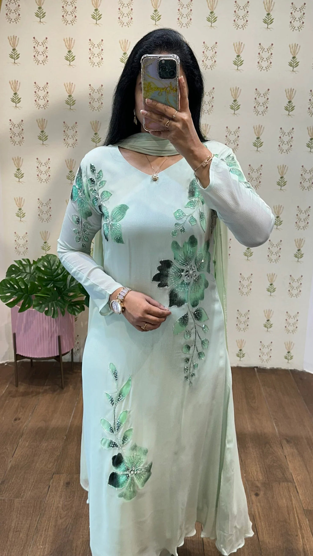 Light Green Handpainted & Handwork Aline