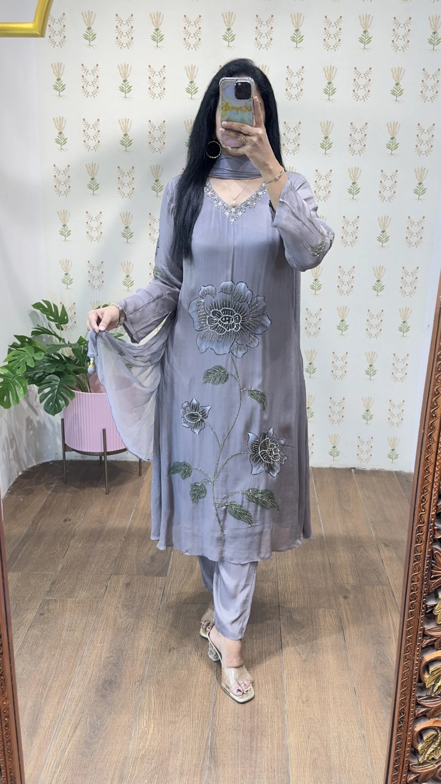 Gray Handpainted & Handwork Aline