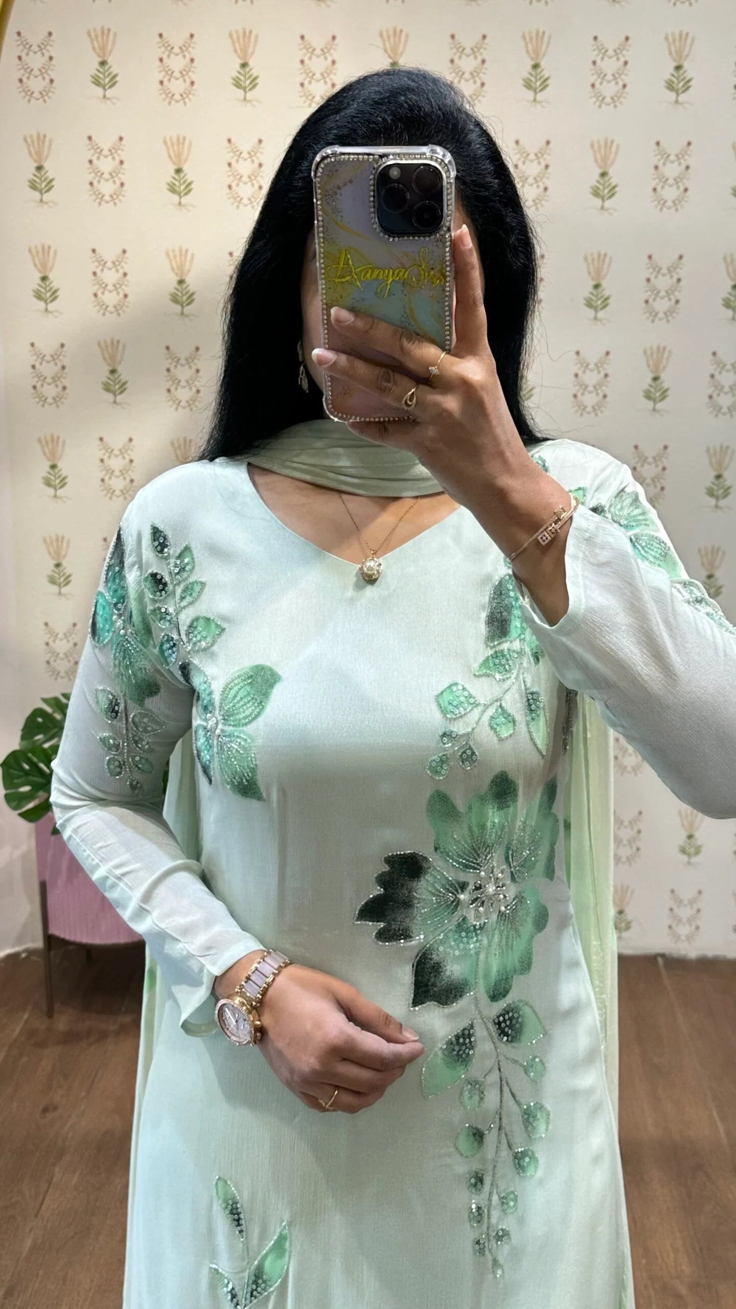Light Green Handpainted & Handwork Aline
